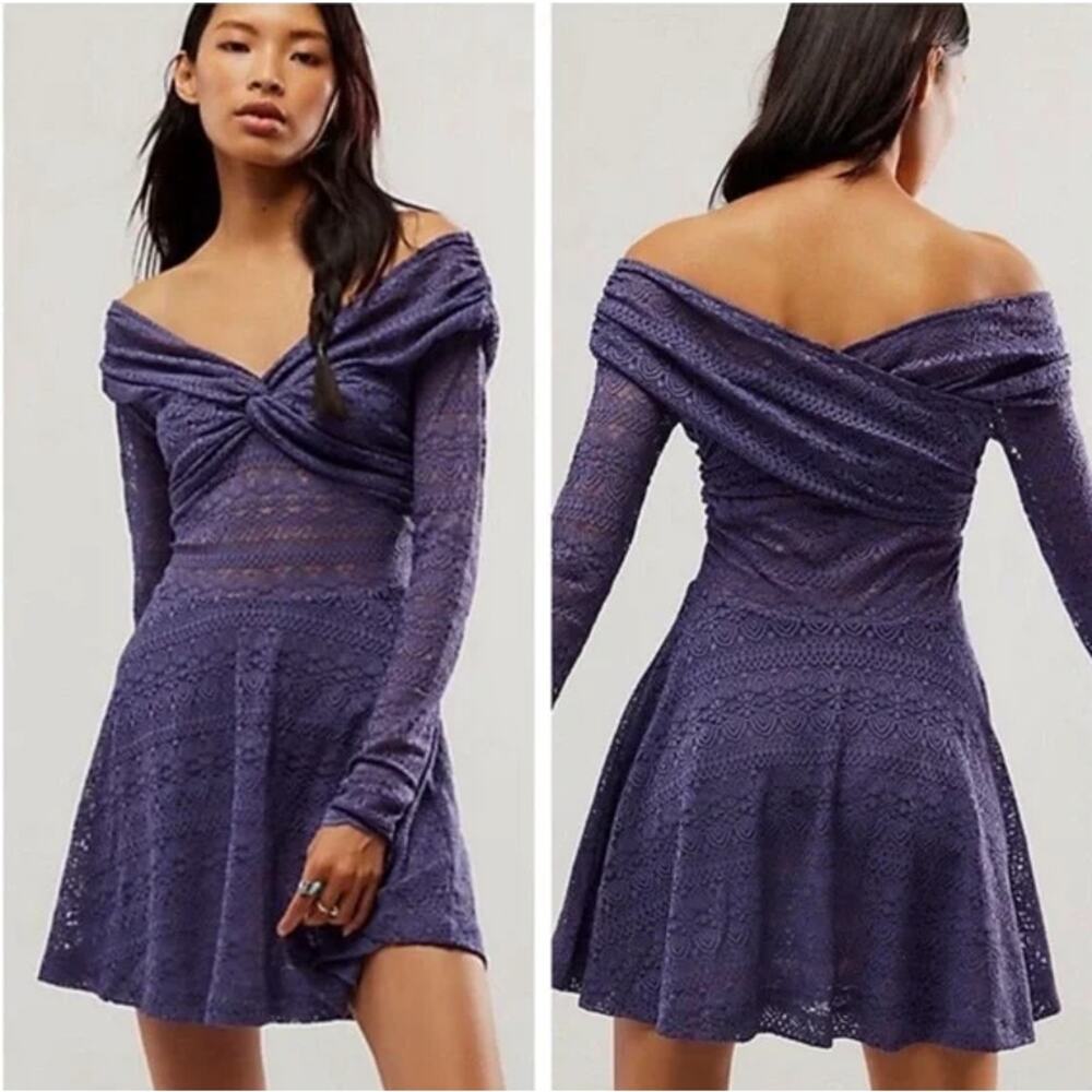 Free People Mini Lila Dress Sheer Lace Criss-Cross Off The Shoulder Size M NWOT